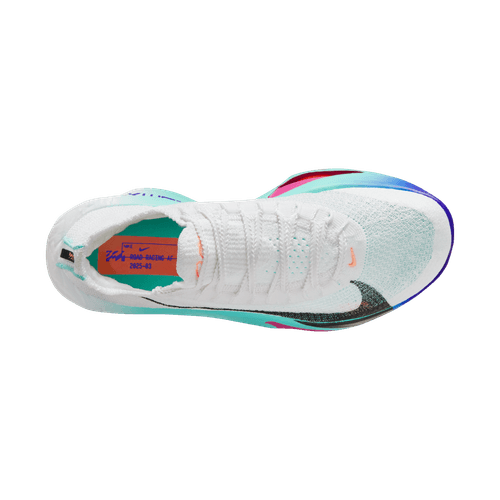 Et topbillede af Nike Alphafly Next% 3 Dame maratonsko i White/Black-Hyper Turq-Concord viser snørebånd, åndbart mesh, ZoomX-skum mellemsål og indersål med branding og størrelsesinformation.