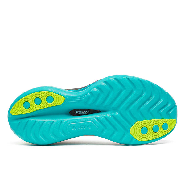 Billedet viser den lyse turkise ydersål på Saucony Endorphin Trainer Dame i White/Mutant med gule trækknapper ved hælen og forfoden, bølgende mønster og "SPEEDROLL", der er synlig i svangen.