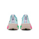 Et par Nike Alphafly Next% 3 Dame-sko i Glacier Blue/Black-Mint Foam-Green Shock, vist bagfra med lyseblå overdel, pink og grønne detaljer, beige såler og en tynd pink midterstribe - perfekt til at skille sig ud.