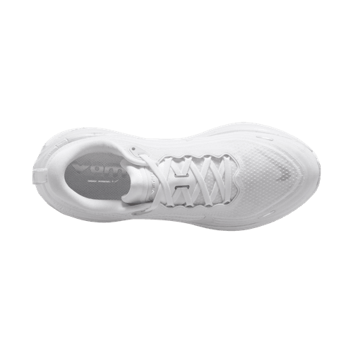 Topbillede af Nike Vomero Plus løbesko til herrer i White/Summit White-Photon Dust med snørebånd, overdel i tekstureret mesh, stødabsorbering og en polstret krave på en almindelig hvid baggrund.