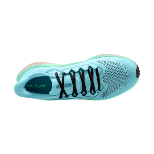 Topbillede af Nike Pegasus 41 herre løbesko i Glacier Ice/Black-Mint Foam-Hyper Pink, med sorte snørebånd, en åndbar mesh-overdel, React-skum-dæmpning og en inderforing i mintskum, isoleret på hvid baggrund.