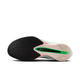 Billedet viser sålen på Nike Zoomx Vaporfly Next% 4 Dame i White/Black-Hyper Pink-Mint Foam med sort slidbane, beige hæl og grøn mellemsål med "FLYPLATE"-mærkning og ZoomX-støddæmpning, set nedefra.