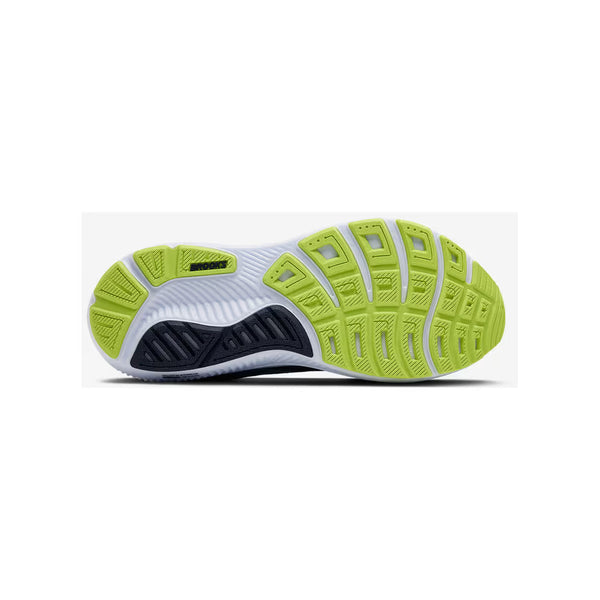 Billedet viser sålen på Brooks Ghost 17, Herre, Peacoat/Lime/Blue med en hvid og marineblå midtersektion og levende lime-slidbanesektioner med strukturerede mønstre for øget komfort og stabilitet.
