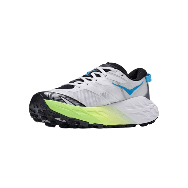 En Hoka Speedgoat 7 trail-løbesko til kvinder i farven Frost / Neon Yuzu med en tyk sål, hvide og sorte nuancer, neongrønne detaljer ved tåen, blå detaljer på siden samt en kombination af mesh og syntetiske materialer – perfekt til trail-løb. Trailskoen er fotograferet på hvid baggrund.