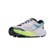 En Hoka Speedgoat 7 trail-løbesko til kvinder i farven Frost / Neon Yuzu med en tyk sål, hvide og sorte nuancer, neongrønne detaljer ved tåen, blå detaljer på siden samt en kombination af mesh og syntetiske materialer – perfekt til trail-løb. Trailskoen er fotograferet på hvid baggrund.