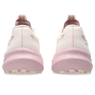 Et par ASICS Gt-2000 14 Dame løbesko i Pearl Pink/Morganite set bagfra, hvor man kan se hæl, sål og overdel. Ordet PureGEL er præget på sålen nær hælen.