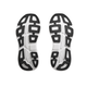 To identiske sneakersåler vises side om side med sorte gummisåler og hvide riller, der sikrer greb og fleksibilitet. Mærkenavnet Hoka og modellen Bondi 9, Herre, Sort/Hvid er synlige på begge sålers svang, hvilket understreger deres støddæmpede løbesko-design, der sikrer maksimal komfort.