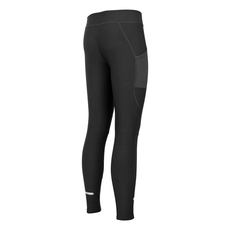 Fusion C3+ Long Training Tight til kvinder i SuperBlack ses bagfra og har en sidelomme i mesh og en refleksstribe ved venstre ankel.