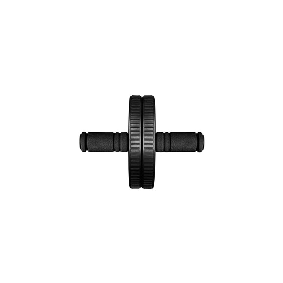 Casall AB Roller, Unisex, Black Recycled har to teksturerede håndtag og et centralt hjul - ideelt til coretræning og hjemmetræning. Vist ovenfra på en hvid baggrund.