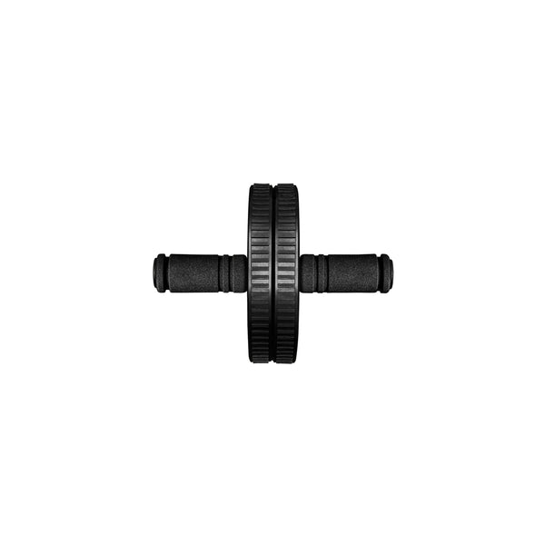 Casall AB Roller, Unisex, Black Recycled har to teksturerede håndtag og et centralt hjul - ideelt til coretræning og hjemmetræning. Vist ovenfra på en hvid baggrund.