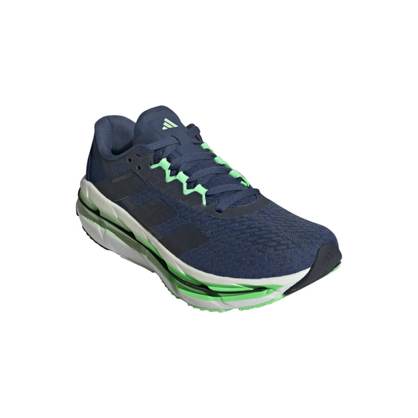 Adidas Adistar Byd løbesko til herrer i tecind/legink/dkblue har sorte striber, lysegrønne detaljer og en hvidgrøn sål for maksimal komfort og stabilitet, vist på en almindelig hvid baggrund.