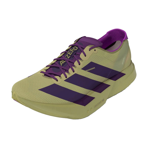 Adidas Adizero Adios Pro 4 Dame i Sand/Ricpur/Goldmt har et elegant design med mørklilla striber, guldaccenter og ADIZERO-tekst på tungen samt et kontrastfarvet lilla inderfor.