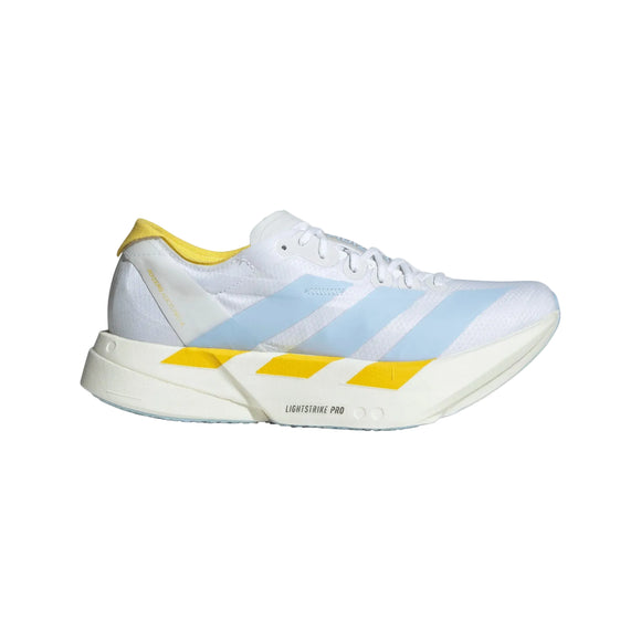 Adidas Adizero Adios Pro 4 Dame løbesko i Ftwwht/Globlu/Yellow har et hvidt og blåt design med gule detaljer, Lightstrike Pro-såletekst, lav profil og snørelukning - perfekt som atletisk løbesko.