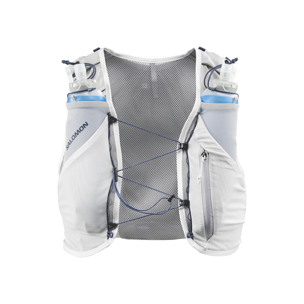 Salomon ADV Skin 5, Unisex i Alloy/Gray Violet/Spellbo, har mesh-ventilation, to frontlommer med bløde vandflasker og lynlås- og elastiklommer - perfekt til terrænløb.