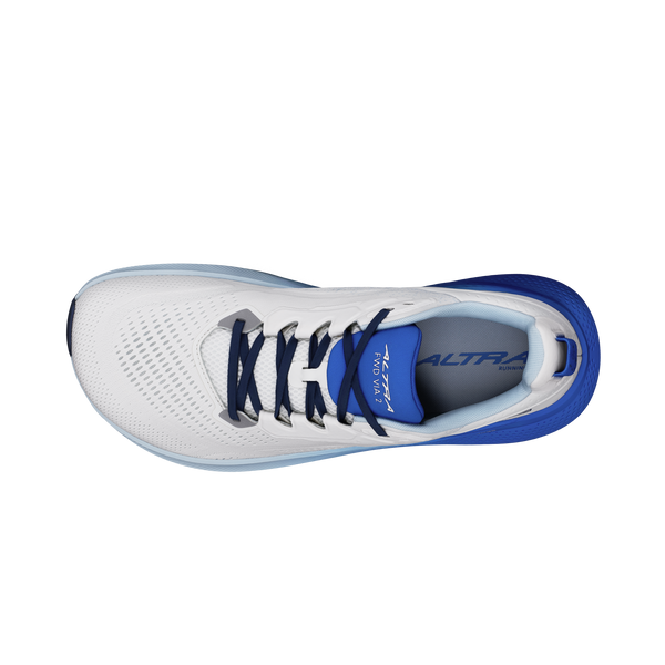 Topbillede af Altra Fwd Via 2, Herre i Blue/Gray, med mørkeblå snørebånd, åndbar mesh-overdel og en blå indersål med mærke. Ideel til en naturlig løbestil med synlige Altra-logoer på pløs og indersål.