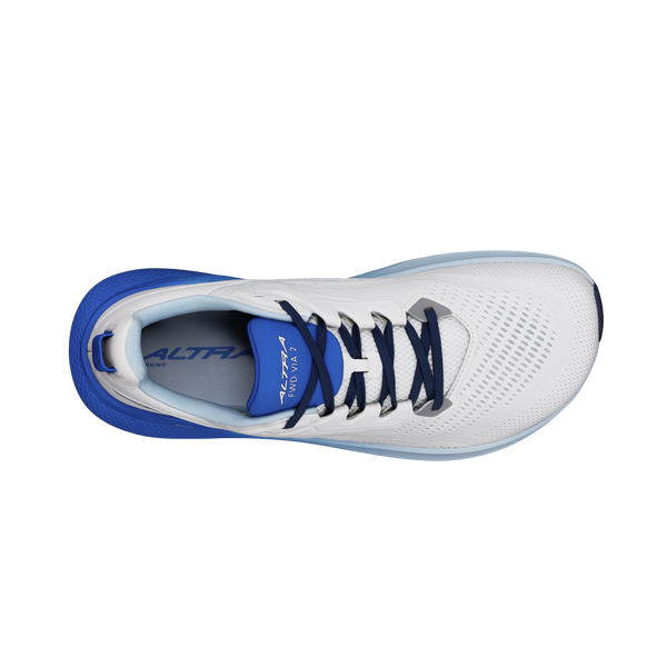 En top-down-visning af Altra Fwd Via 2, Herre, Blue/Gray viser blå detaljer, en blå sål, mørkeblå snørebånd og "ALTRA"-branding på indersålen og pløsen. Denne sko understøtter en naturlig løbestil på en ren hvid baggrund.
