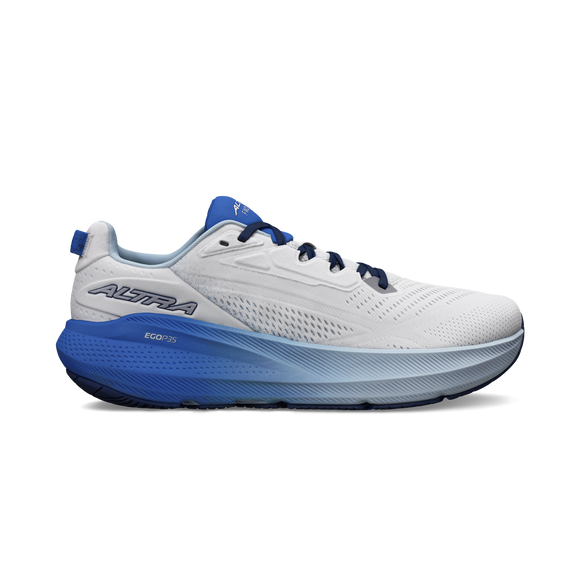 Altra Fwd Via 2 løbesko herre i Blue/Gray har blå detaljer, sorte snørebånd, en tyk blå sål med gradient, ALTRA-branding og EGO™ MAX-tekst på siden. Designet til en naturlig løbestil.