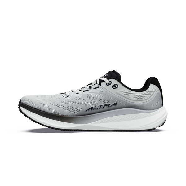 Altra Torin 9-løbeskoen til mænd i farvekombinationen Ultimate Grey/Black/Vapor Blue har en overdel i mesh, snørelukning, Zero Drop-sål og Altra-logo på siden, vist på en hvid baggrund.