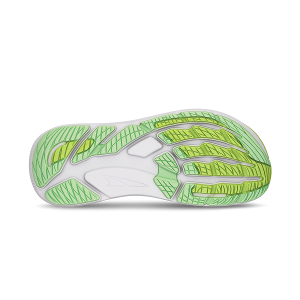 Billedet viser undersiden af en grå Altra Fwd Via 2 løbesko dame sål med grønt og gult mønster, designet til naturlig løbestil. Altra-logoet er synligt i midten af sålen.