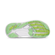 Billedet viser undersiden af en grå Altra Fwd Via 2 løbesko dame sål med grønt og gult mønster, designet til naturlig løbestil. Altra-logoet er synligt i midten af sålen.
