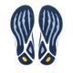 Et par Altra Torin 9 Dame-løbesko i farvekombinationen Windward Blue/White/Dark Denim med bølget, rillet sål og gule Vibram-logoer ved hælen, inspireret af Zero Drop-designet, vist side om side på en hvid baggrund.