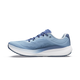 Altra Torin 9 Dame i farvekombinationen Windward Blue/White/Dark Denim har mørkeblå snørebånd, en polstret Zero Drop-sål og ALTRA-logoet på siden, der er afbildet i profil mod en ensfarvet hvid baggrund.