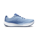 Altra Torin 9 Dame-løbeskoen i farvekombinationen Windward Blue/White/Dark Denim har blå detaljer, en hvid og blå sål, Zero Drop-design samt ALTRA-logoet på siden, der fremstår på en ensfarvet hvid baggrund.