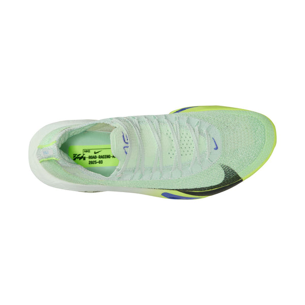 Topbillede af Nike Alphafly Next% 3 Herre i Barely Green/Black Spruce-Volt Tint, der viser hvide snørebånd, blå og sorte swooshes, ZoomX-støddæmpning, gulgrønt interiør og sål samt trykt tekst og modelnummer på indersiden.