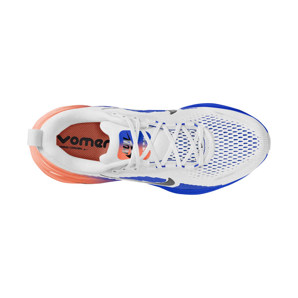 Ovenfra-billede af Nike Vomero 18 herreløbesko i farvekombinationen hvid/sort-racerblå-atomic pink, med hvide snørebånd, en åndbar overdel i mesh, detaljer i blå og atomic pink samt »Vomero«-skriften på den orange indersål – designet til maksimal komfort.