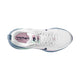 Et billede set ovenfra af Nike Vomero 18 Dame i farvekombinationen White/Midnight Navy-Work Blue viser en hvid mesh-sneaker med snørebånd og et blåt Swoosh-logo, en lyserød indersål med teksten »VOMERO« og »RUN« samt en sål med blågrønne farveovergange, der sikrer maksimal dæmpning.