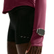 Der vises et billede af en person set fra underkroppen og armen, klædt i sorte shorts og en Nike Swift UV Half Zip-løbetrøje til kvinder i farven Pink Smoke/Reflective Silver, der har UV-beskyttelse. På håndleddet, over ærmet, bæres et smartwatch, og billedet er taget foran en hvid baggrund.