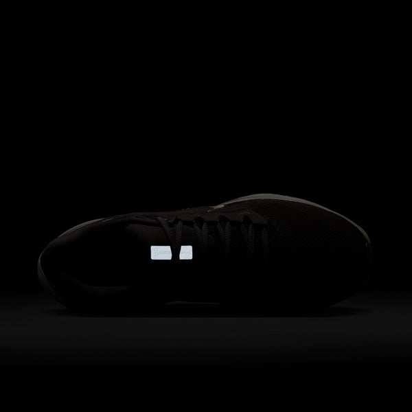 En Nike Pegasus 41 Ji løbesko, herre, Medium Ash/Mtlc Gold Grain-Summit White, er fotograferet ovenfra med minimal belysning, der fremhæver en lille reflekterende detalje på tungen mod en mørk baggrund.