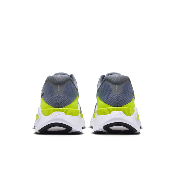 Bagfra-billede af to grå Nike Structure Plus, Herre, COOL GREY/BLACK-LEMON VENOM-WHITE stabilitetsløbesko med neon-gul hælstøtte og hvide mellemsåler.