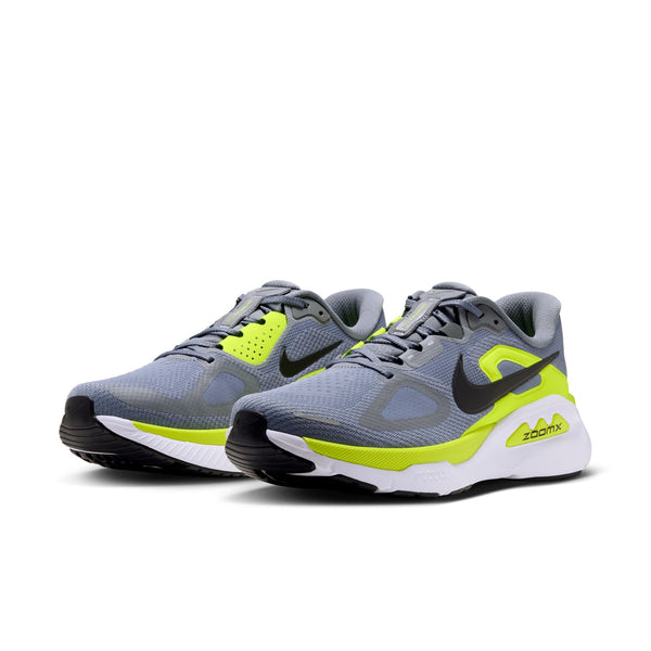 Nike Structure Plus-løbesko i cool grey og sort med detaljer i lemon venom yellow og en tyk, hvid stabilitetsmellemsål.