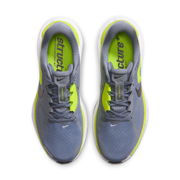 Ovenfra-billede af Nike Structure Plus, Herre, COOL GREY/BLACK-LEMON VENOM-WHITE løbesko til overpronation, med lysegule detaljer og hvide mellemsåler.