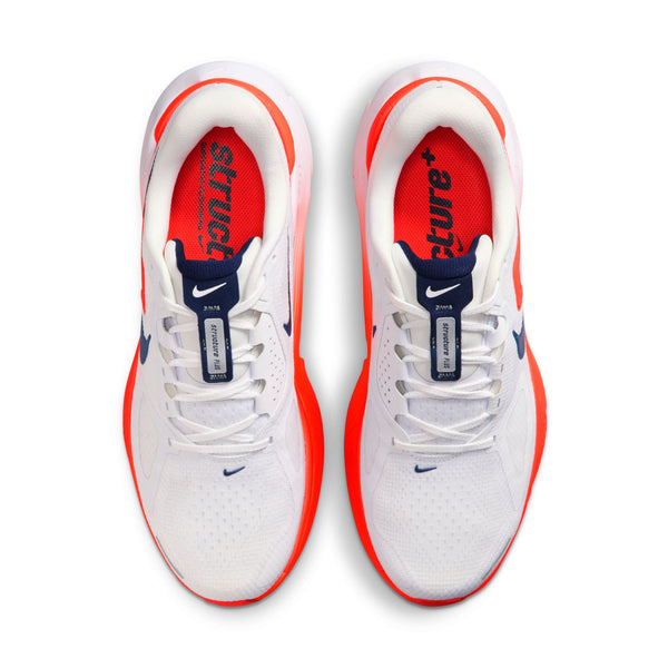 Topbillede af Nike Structure Plus løbesko til herrer i hvid/midnight navy-bright crimson. Har røde såler, marineblå swooshes, blå tungeflige og røde indlægssåler med strus+ og run+ labels - designet til stabilitet og støtte mod overpronation.