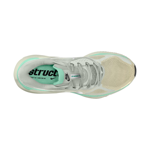 Nike Structure Plus Dame i Light Silver/Metallic Silver set ovenfra med mintgrønne detaljer, hvide snørebånd og "struct" på indersålen - designet til at modvirke overpronation for ekstra stabilitet og støtte.