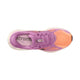 Et billede ovenfra af Nike Structure Plus Dame i Lt Magenta/Tattoo-Orange Pulse-Pink Foam med ferskenfarvet tåboks, lilla overlays og snørebånd, hvid mellemsål, "structure" på den grå indersål - ideel til overpronation med stabilitet og støtte.