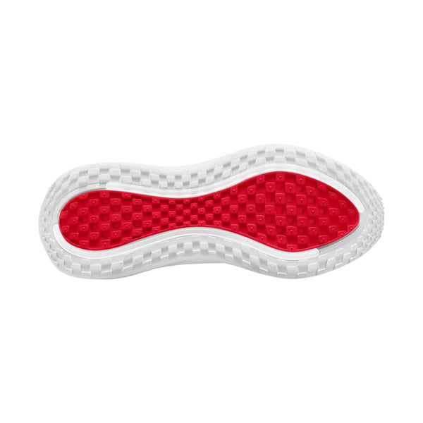 Billedet viser ydersålen på Nike Vomero Plus herresneakeren i farvekombinationen White/University Red-Dark Melon. Sålen har en hvid kant og et rødt, struktureret midterparti med et gittermønster, der er udviklet af Nike for at sikre maksimal komfort i herreskoene.