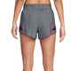 Man ser en kvinde bagfra iført Nike AeroSwift 3In Shorts Gx i farven Iron Grey/White, med armene afslappet ned langs siden. Disse løbeshorts til kvinder har en elastisk linning, en lille lynlåslomme og er fremstillet med Dri-FIT ADV-teknologi for at øge komforten og ydeevnen.