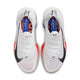 En top-down-visning af Nike Alphafly Next% 3, Herre i White/Black-Platinum Violet-Silt Red "CM" viser hvid strikoverdel, sorte swooshes, orange og blå accenter, ZoomX-skumdæmpning, tekst på indlægssålerne og hvide snørebånd.