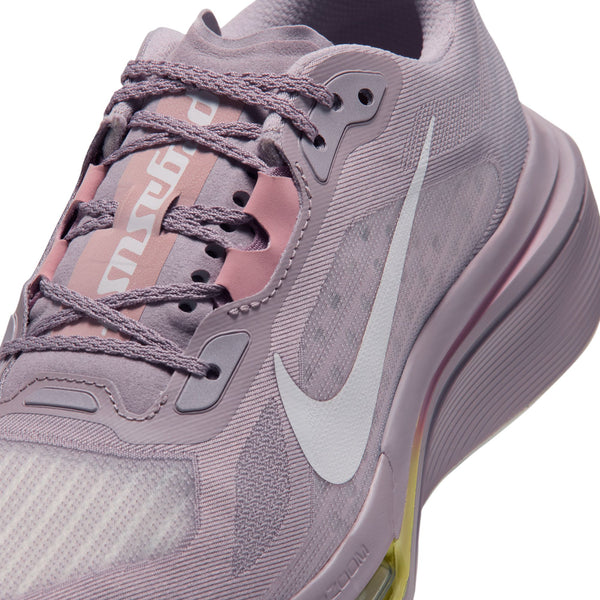 Nærbillede af et par Nike Pegasus Plus 2 Dame-løbesko i farvekombinationen SILVER LILAC/SAIL-PARTICLE ROSE-FENNEL med et hvidt Swoosh-logo, lavendelblå snørebånd og lyserøde detaljer, set fra en vinkel, der fremhæver overdelen, tungen og en del af ZoomX-skum-mellemsålen.