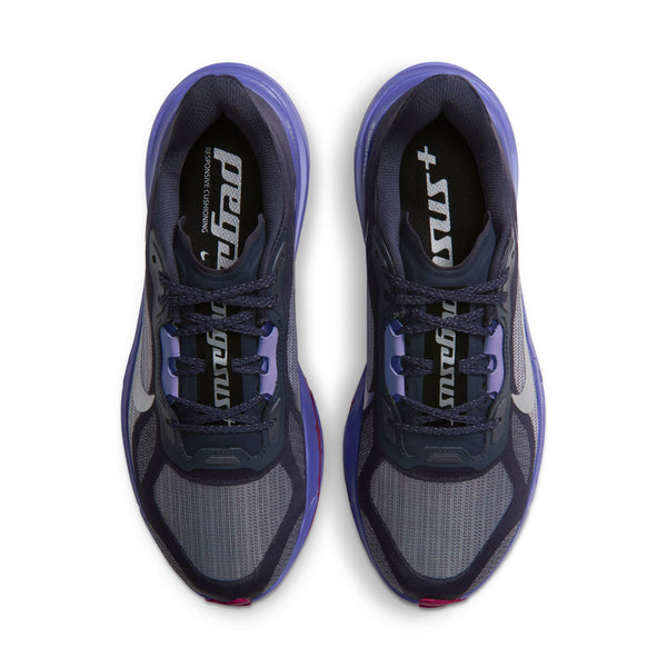 Et par mørkegrå og persiskviolette Nike Pegasus Plus 2-løbesko set lige ovenfra.