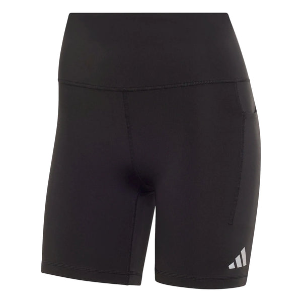 Adi365 Climacool løbetights, dame, sort fra Adidas er sorte sportsshorts med høj talje, et lille Adidas-logo på venstre ben og en sidelomme på højre side. Disse shorts er designet som løbetights til kvinder og har synlige sømme; de vises her på en hvid baggrund.