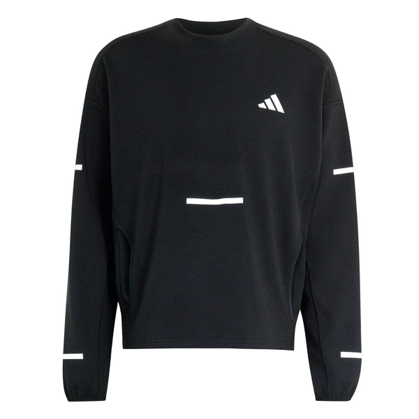 Sort Adi365 Climawarm+ løbetrøje med rund hals, hvidt adidas-logo på brystet og reflekterende vandrette striber foran og på ærmerne.