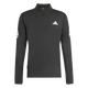 Adi365 Running Iconic Half Zip, Herre, Sort fra Adidas er en sort langærmet sportsbluse med en kvart-lynlås i halsudskæringen og markante hvide adidas-logoer på brystet og begge ærmer, der fremstår tydeligt på en ensfarvet hvid baggrund. Denne løbetrøje til mænd byder på et elegant design og suveræn komfort til din næste løbetur.