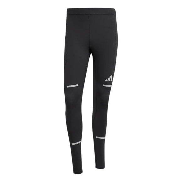 Adi365 Tights M til mænd fra Adidas er sorte løbetights med refleksstriber på lår og skinneben og et hvidt logo på venstre lår. Disse tætsiddende tights har ingen synlige lukninger eller lommer.
