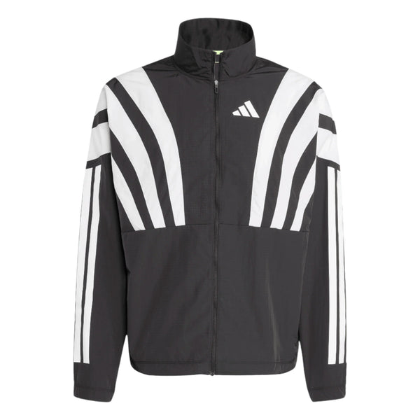 Adidas Adizero A Jkt M til mænd i sort har hvide diagonale og lodrette striber på brystet og ærmerne samt et lille hvidt Adidas-logo øverst i venstre side.