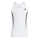 Adidas Adizero A Sgl M til mænd er en hvid atletisk tank top med sorte sidestriber, et sort logo på venstre bryst, racerback design og lavet af hurtigtørrende materiale for optimal komfort under træning.