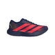 Adidas Adizero Evo SL Woven til kvinder i Dkblue/Lucred/Mutprp har et lavprofileret snørredesign, knaldrøde detaljer, Lightstrike Pro-teknologi og en struktureret sål, vist på en almindelig hvid baggrund.